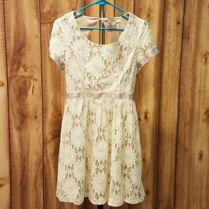 Modcloth Ivory Floral Lace Tan Open Back Dress